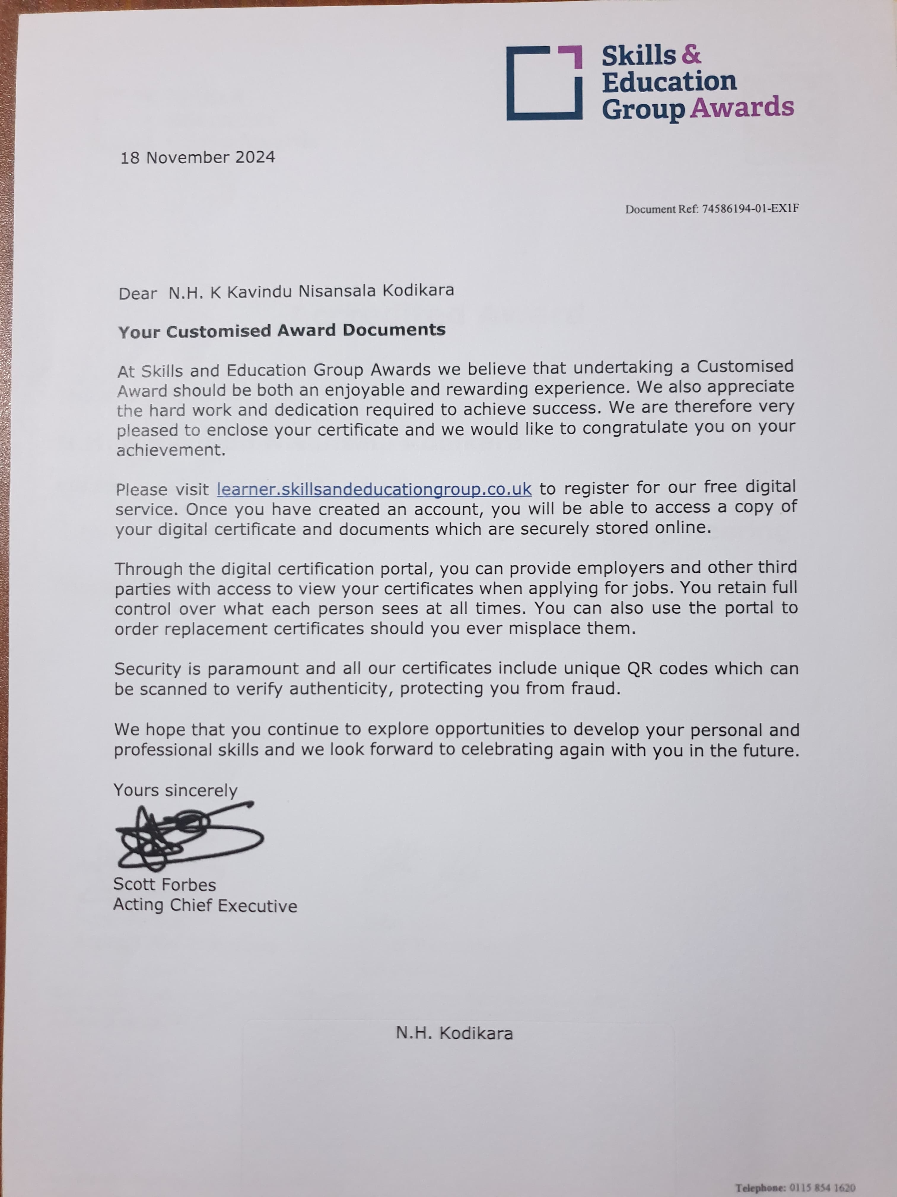 Official signed documentation verifying the successful completion and conferment of the Level 4 qualification.