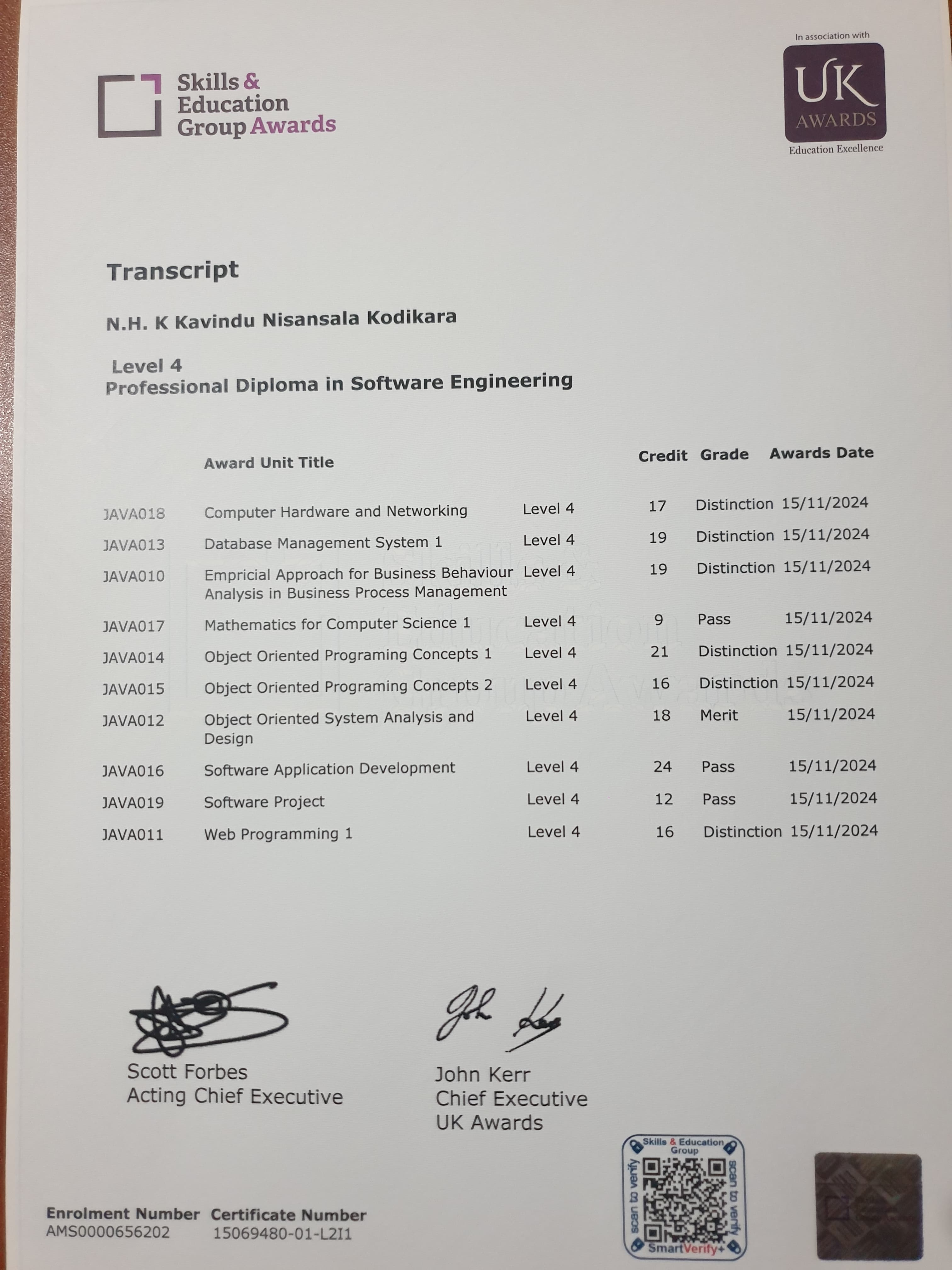 Official transcript detailing course modules, grades, and credit hours completed for the Level 4 Professional Diploma in Software Engineering.