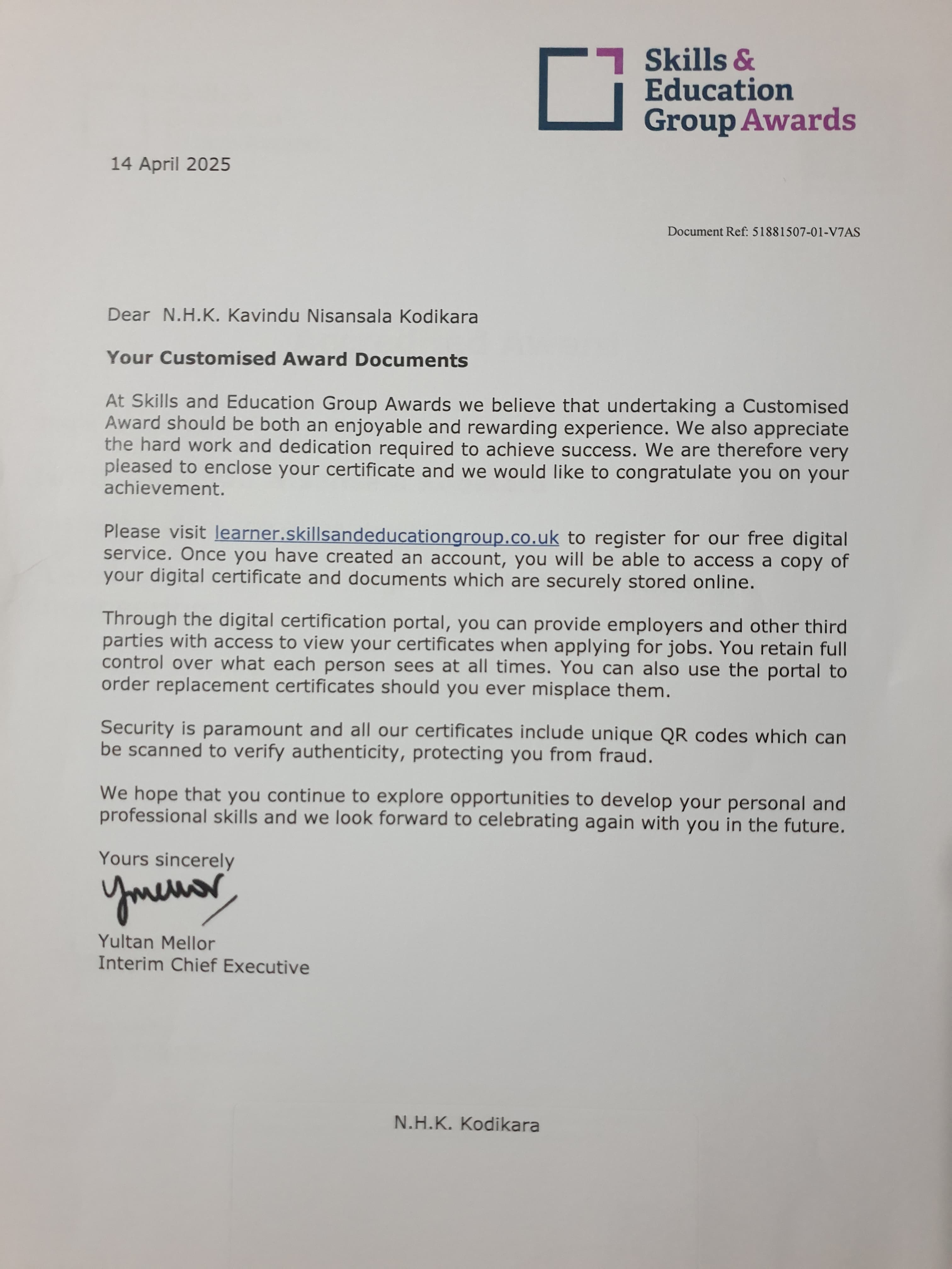 Official signed documentation verifying the successful completion and conferment of the Level 5 qualification.
