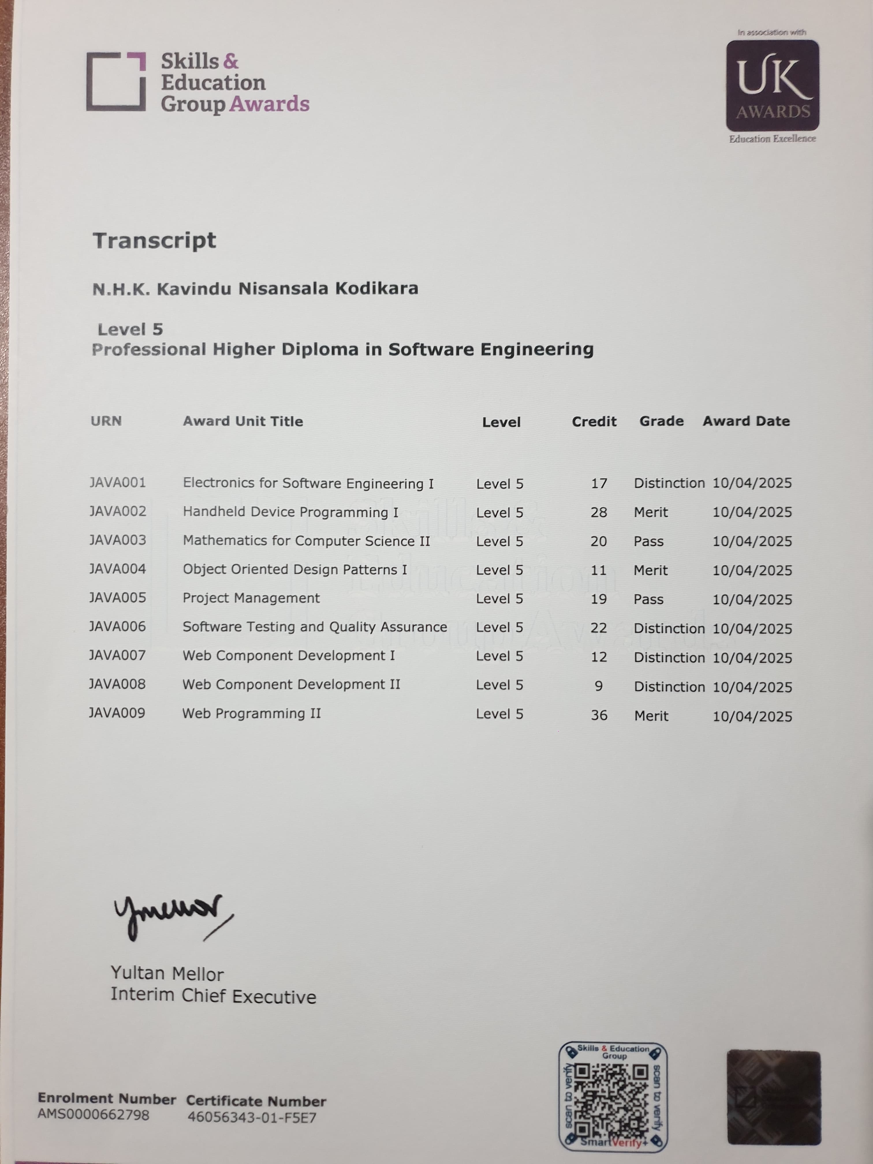 Official transcript detailing course modules, grades, and credit hours completed for the Level 5 Professional HND in Software Engineering.